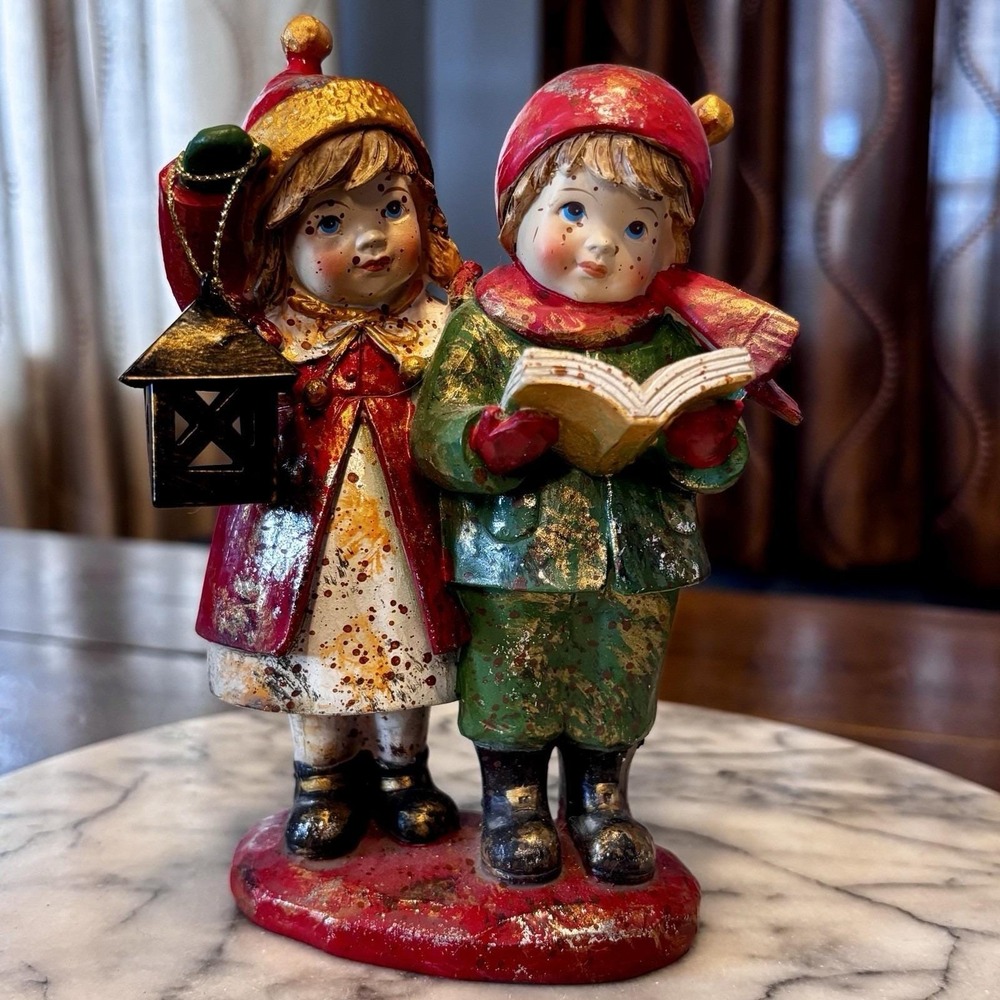 VTG Christmas Caroling Figurine Children Singing Carols Lantern Charles Dickens